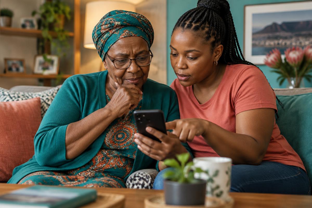 A family carefully reviewing a suspicious phone message